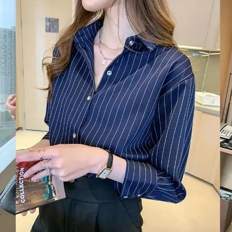 Gestreiftes Hemd Damen Sommer Vintage Chic Lose Langarm Top Y2K Büro Damen Mode Lässig Umlegekragen All Match Bluse Gestreiftes Hemd Damen Sommer Vintage Chic Lose Langarm Top Y2K Büro Damen Mode Lässig Umlegekragen All Match Bluse