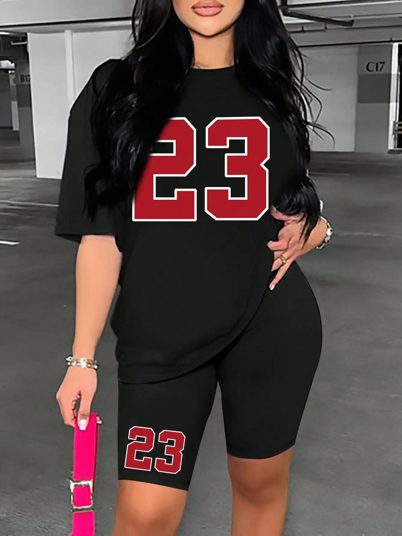 Damen Sommer-Set Nummer 23 Bedrucktes Casual Shorts-Set Sport Damen-Shirt Shorts 2-Teiliges Streetwear-Set Damen Sommerkleidung Damen Sommer-Set Nummer 23 Bedrucktes Casual Shorts-Set Sport Damen-Shirt Shorts 2-Teiliges Streetwear-Set Damen Sommerkleidung - Image 4