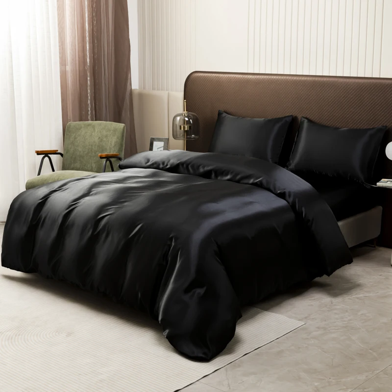 Black Luxury Ice Silk Bedding Set Satin Silky Duvet Cover Set With Pillowcase High-End Home Textiles Solid Color Bed Cover Sets Black Luxury Ice Silk Bedding Set Satin Silky Duvet Cover Set With Pillowcase High-End Home Textiles Solid Color Bed Cover Sets
