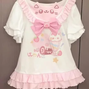 Y2k Cutecore Sommer Damen Koreanisch Japanisch Harajuku Kurzarm E-Girl Anime T-Shirts Ästhetische Übergroße Kawaii T-Shirts Tops Kleidung