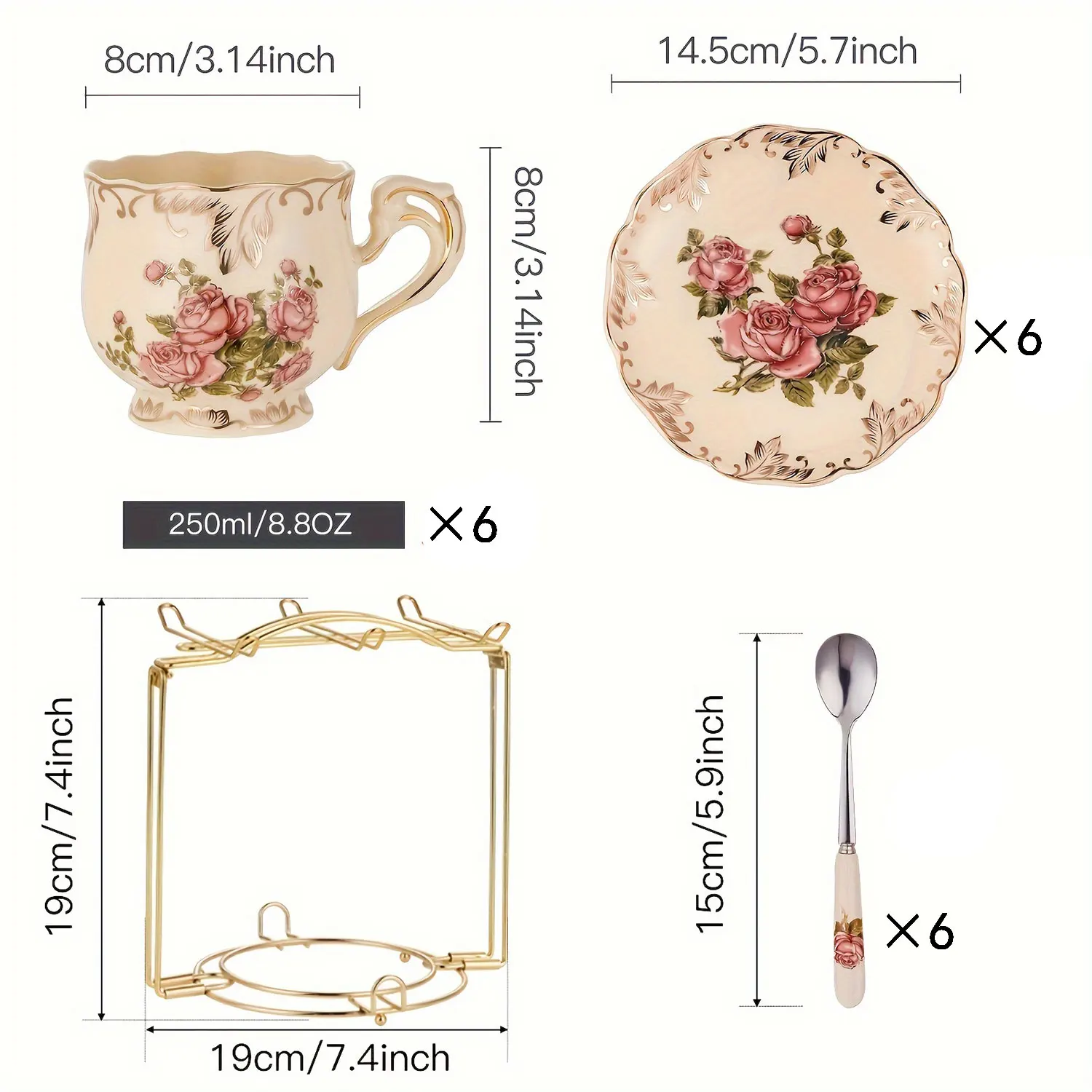 Set Mit Blühenden Sträuchern, Teetassen Und Untertassen, Teeset, Teetassen-Set Aus Elfenbeinfarbenem Keramik Mit Blumenmuster Und Goldenem Gestell, Kaffeetassen-Set Set Mit Blühenden Sträuchern, Teetassen Und Untertassen, Teeset, Teetassen-Set Aus Elfenbeinfarbenem Keramik Mit Blumenmuster Und Goldenem Gestell, Kaffeetassen-Set - Image 2
