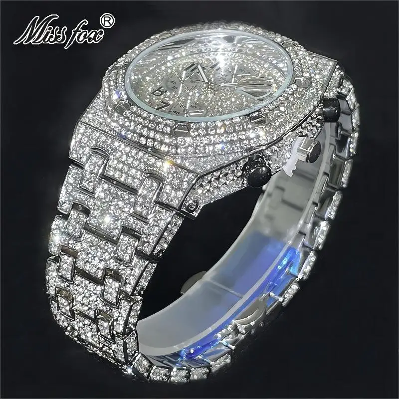 Modemarke Missfox Luxus Uhren Männer Automatische Datum Wasserdichte Quarzuhr Hip Hop Eis Diamant Schmuck Armbanduhr Mann Modemarke Missfox Luxus Uhren Männer Automatische Datum Wasserdichte Quarzuhr Hip Hop Eis Diamant Schmuck Armbanduhr Mann - Image 4
