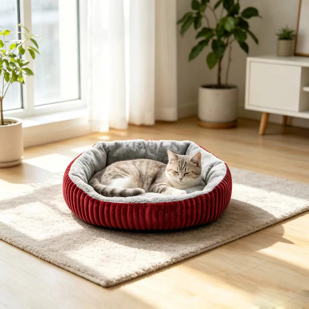 Rundes Cord-Katzenbett, Weiches Und Warmes Haustierbett Rundes Cord-Katzenbett, Weiches Und Warmes Haustierbett - Image 2