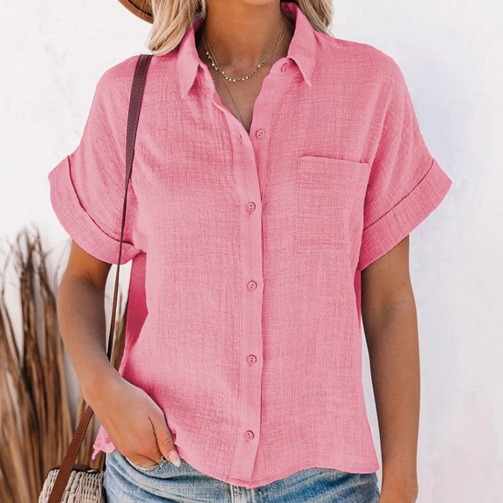 Elegantes Sommer-Oberteil Für Damen Aus Baumwolle Und Leinen, Kurzärmelig, Revers, Knopfleiste, Einfarbiges Hemd Mit Einer Tasche, Lässig Elegantes Sommer-Oberteil Für Damen Aus Baumwolle Und Leinen, Kurzärmelig, Revers, Knopfleiste, Einfarbiges Hemd Mit Einer Tasche, Lässig
