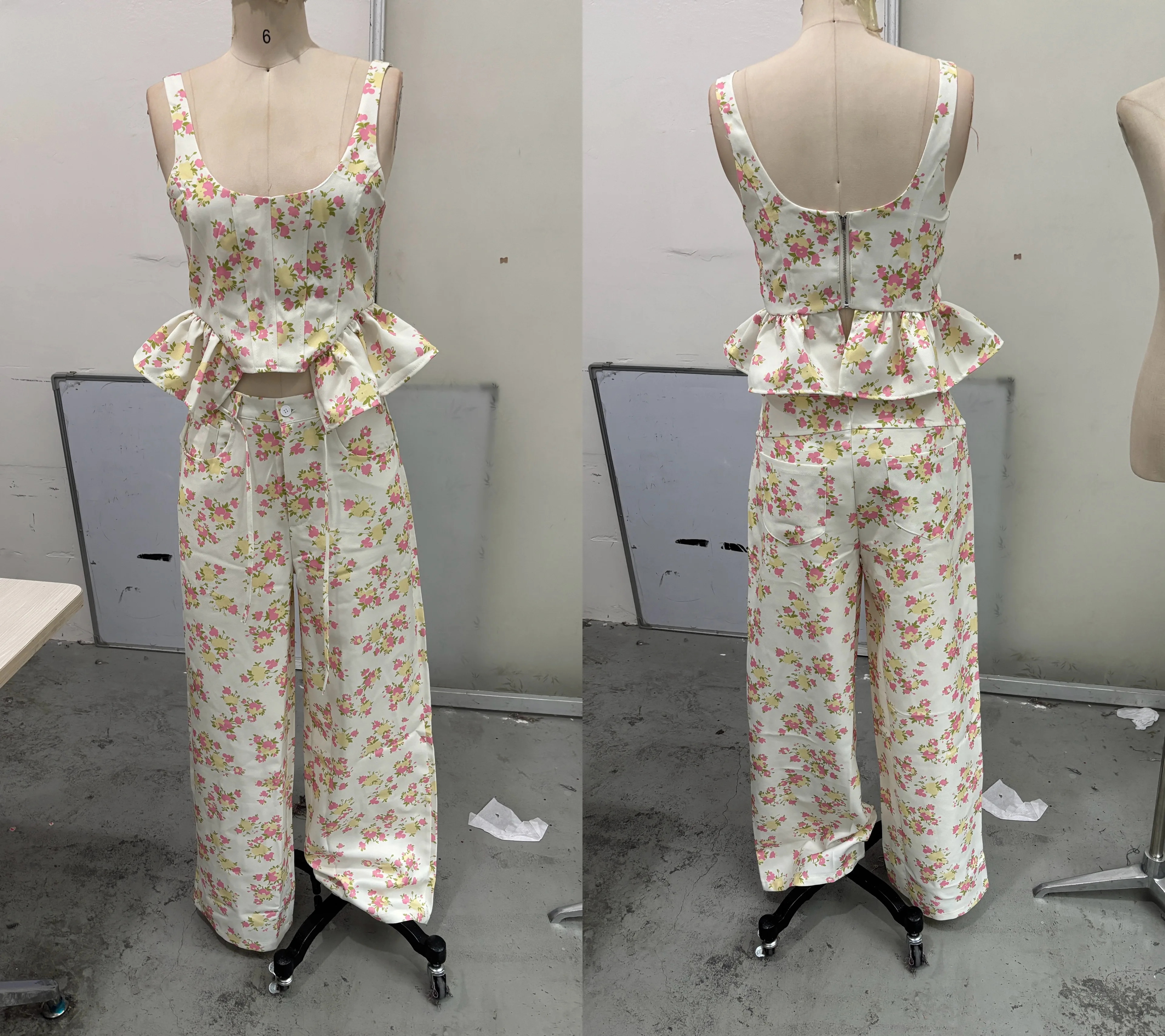 Damen-Hosenset Mit Rüschen, Blumenmuster, Ärmellosem Oberteil Mit Geraffter Taille, Gerader Hose Mit Schnürung, Lockerer Frühlingsanzug Für Damen Damen-Hosenset Mit Rüschen, Blumenmuster, Ärmellosem Oberteil Mit Geraffter Taille, Gerader Hose Mit Schnürung, Lockerer Frühlingsanzug Für Damen - Image 4