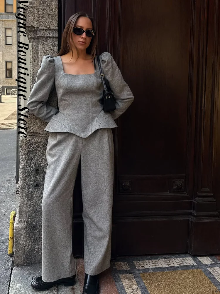 Eleganter Damen Hosenanzug 2026 – Schmal Geschnittenes Outfit Mit Puffärmeln, U-Ausschnitt Und Weiter Hose Für Den Herbst Puffärmel Hosenanzug