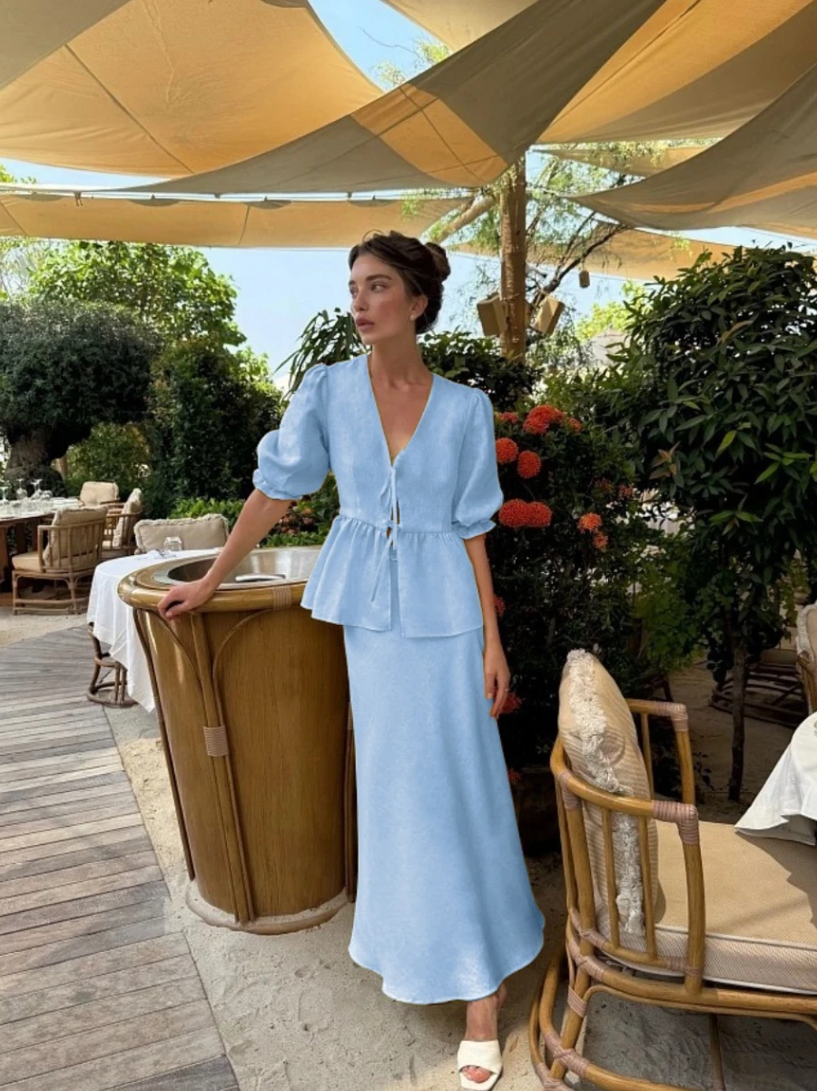 Bornladies 2025 Sommer-Damen-Set Aus 100 % Baumwolle, V-Ausschnitt, Schnürung, Blasenärmel, Hemd, Langer Rock, Lockerer, Lässiger Zweiteiliger Anzug Bornladies 2025 Sommer-Damen-Set Aus 100 % Baumwolle, V-Ausschnitt, Schnürung, Blasenärmel, Hemd, Langer Rock, Lockerer, Lässiger Zweiteiliger Anzug - Image 5