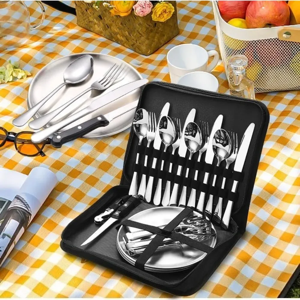 20-Teiliges Tragbares Camping-Besteckset, Outdoor-Picknick-Besteckset Mit Messern, Gabeln, Löffeln Und Tellern 20-Teiliges Tragbares Camping-Besteckset, Outdoor-Picknick-Besteckset Mit Messern, Gabeln, Löffeln Und Tellern - Image 2