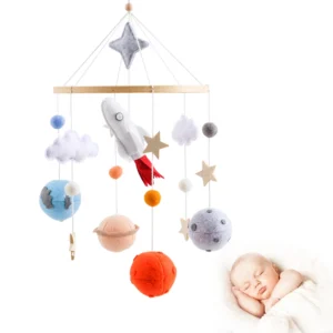 Holz Baby Krippe Glocke Beruhigende Baby Beweglichen Klingeln Spielzeug Raum Rakete Hängen Krippe Halterung Filz Ball Bett Glocke Neugeborenen Spielzeug Geschenk