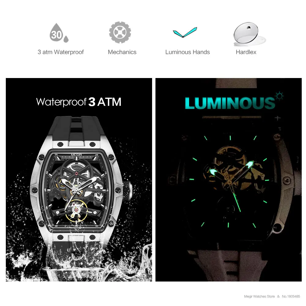 Megir Männer Armbanduhr Mode Schwarz Wasserdichte Automatische Mechanische Uhr Mit Leuchtenden Zeigern Silikon Armband Tonneau Zifferblatt Megir Männer Armbanduhr Mode Schwarz Wasserdichte Automatische Mechanische Uhr Mit Leuchtenden Zeigern Silikon Armband Tonneau Zifferblatt - Image 5