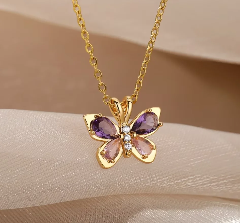 Elegante Schmetterlings-Anhänger-Halskette Mit Eingelegtem Lila-Rosa Zirkon-Kristall, Zierliche Schlüsselbeinkette, Modische Accessoires Für Den Täglichen Gebrauch Von Frauen Elegante Schmetterlings-Anhänger-Halskette Mit Eingelegtem Lila-Rosa Zirkon-Kristall, Zierliche Schlüsselbeinkette, Modische Accessoires Für Den Täglichen Gebrauch Von Frauen - Image 7