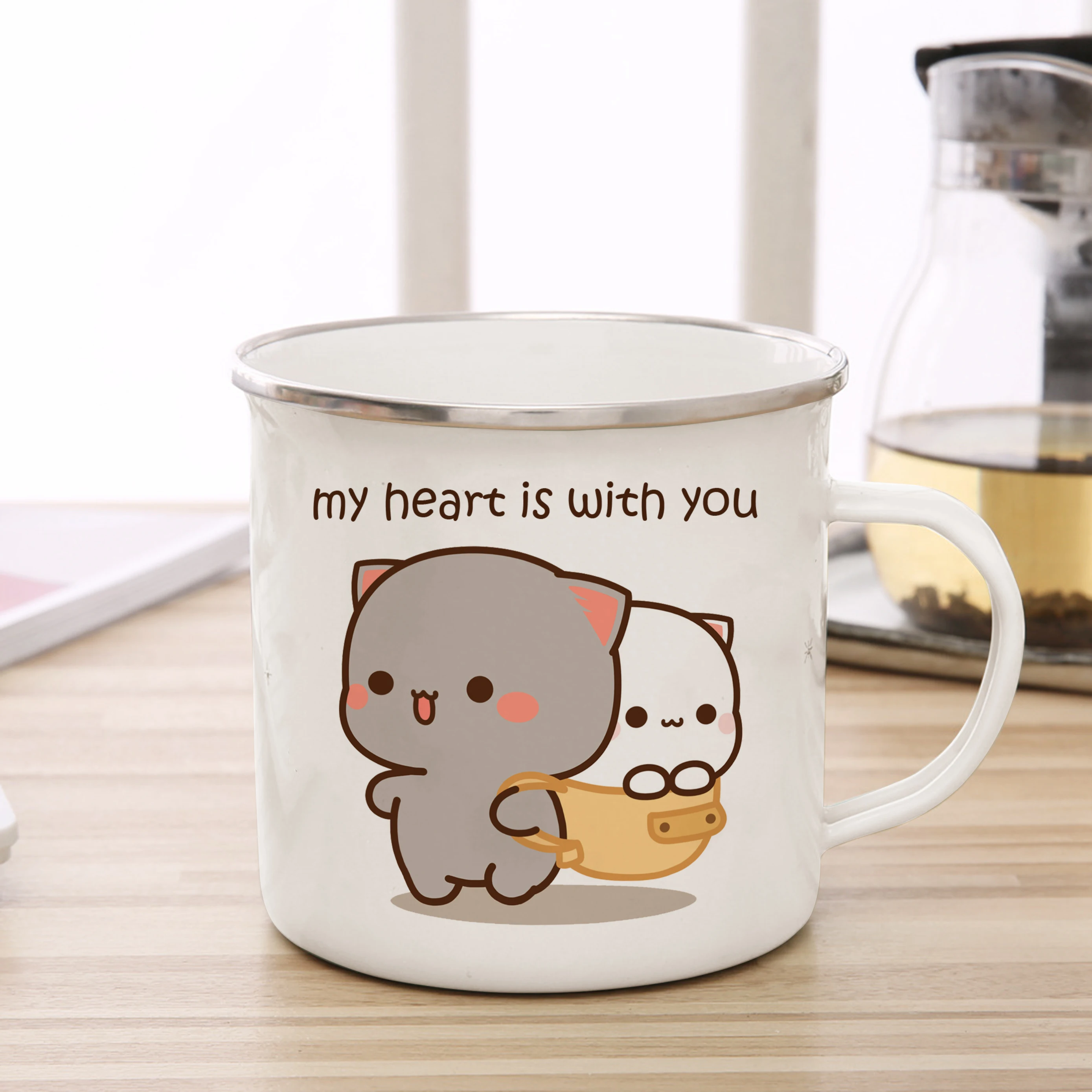 Neue Pfirsich Und Goma Katze Emaille Tasse Kaffee Tee Becher Süßes Tier Frühstück Dessert Milch Wasser Tasse Paar Geschenk Neue Pfirsich Und Goma Katze Emaille Tasse Kaffee Tee Becher Süßes Tier Frühstück Dessert Milch Wasser Tasse Paar Geschenk - Image 2