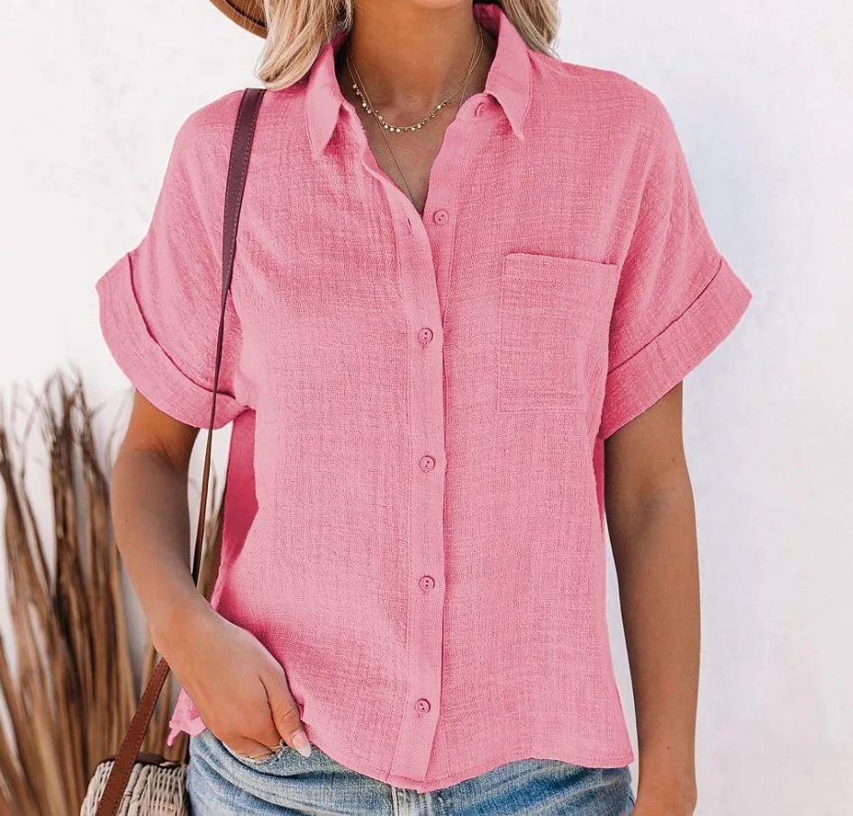 Elegantes Sommer-Oberteil Für Damen Aus Baumwolle Und Leinen, Kurzärmelig, Revers, Knopfleiste, Einfarbiges Hemd Mit Einer Tasche, Lässig Elegantes Sommer-Oberteil Für Damen Aus Baumwolle Und Leinen, Kurzärmelig, Revers, Knopfleiste, Einfarbiges Hemd Mit Einer Tasche, Lässig - Image 7