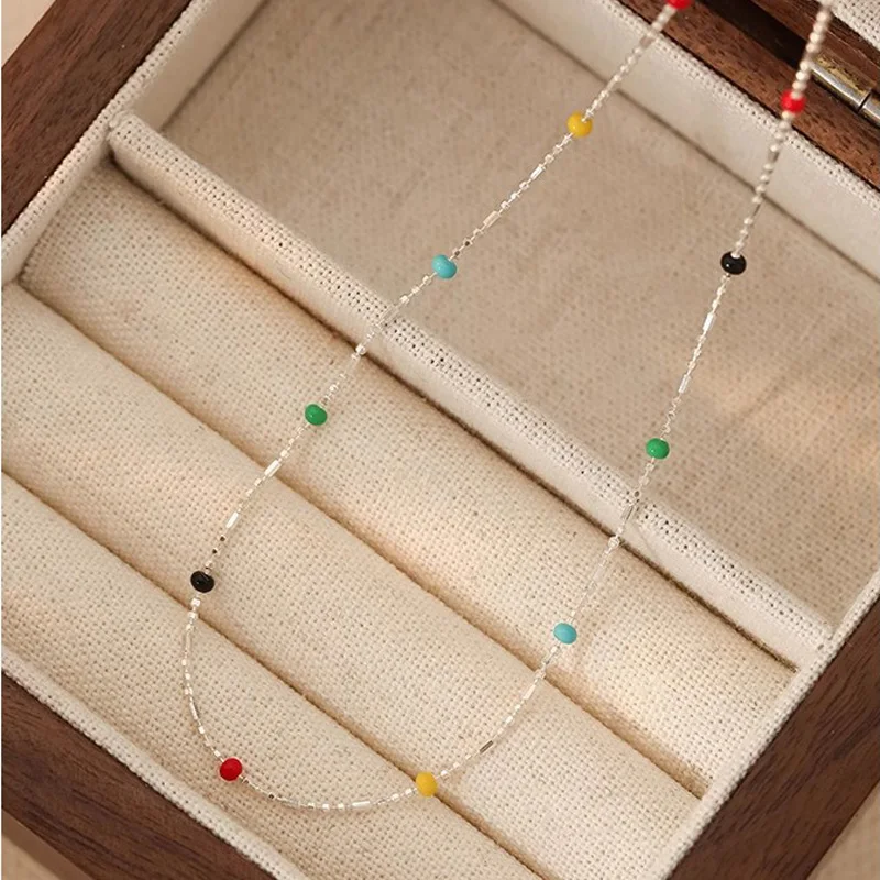 Halskette Aus 925Er-Silber Mit Einfachen Geometrischen Mehrfarbigen Perlen, Halsband, Glänzende, Zarte Schlüsselbeinkette Für Damen Halskette Aus 925Er-Silber Mit Einfachen Geometrischen Mehrfarbigen Perlen, Halsband, Glänzende, Zarte Schlüsselbeinkette Für Damen - Image 5