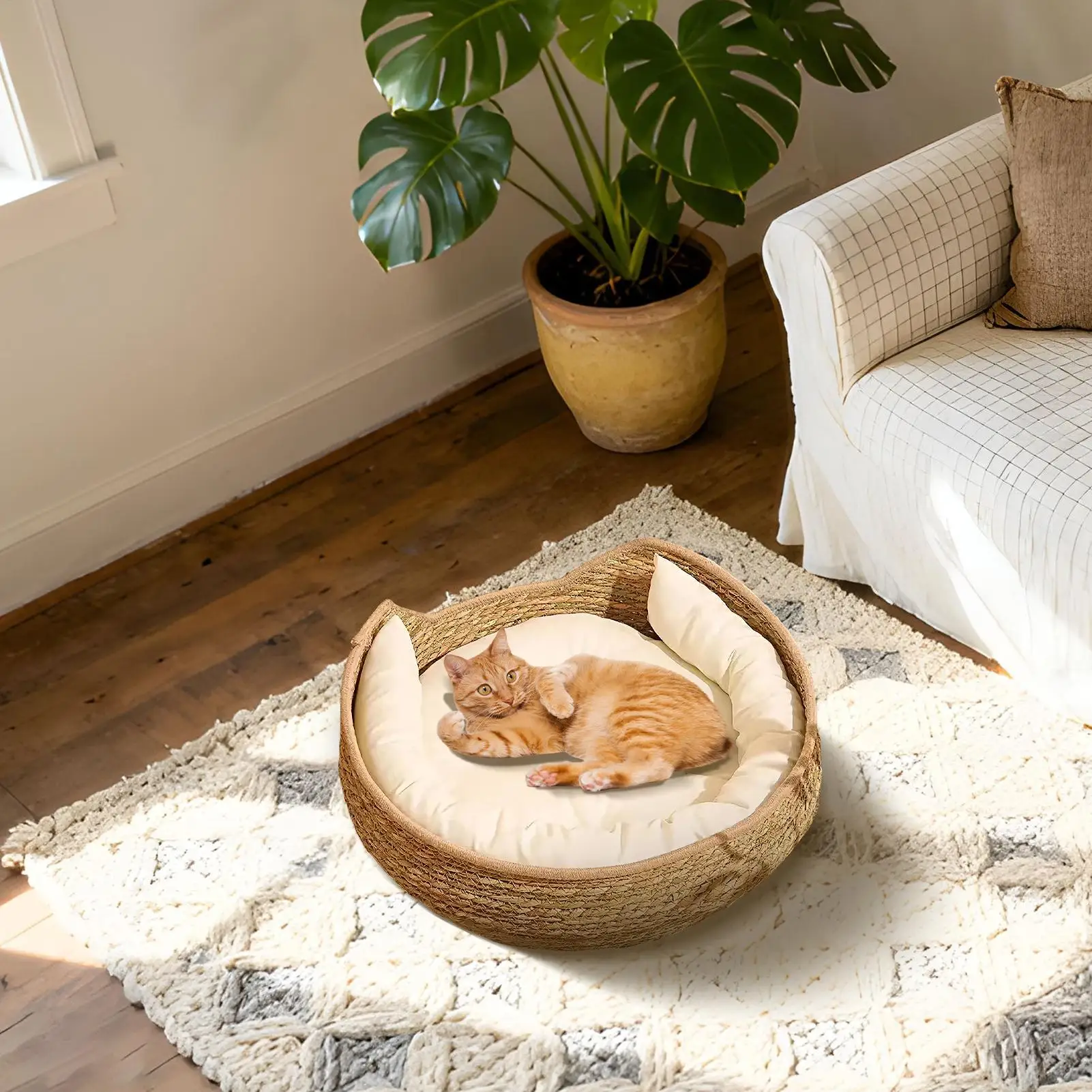 Gewebtes Katzenbett, Gewebtes Katzennest Mit Weichem Kissen Und Kopfkissen, Belüftet, Für Alle Jahreszeiten, Zum Schlafen Und Ausruhen, Niedliches Design Gewebtes Katzenbett, Gewebtes Katzennest Mit Weichem Kissen Und Kopfkissen, Belüftet, Für Alle Jahreszeiten, Zum Schlafen Und Ausruhen, Niedliches Design - Image 5