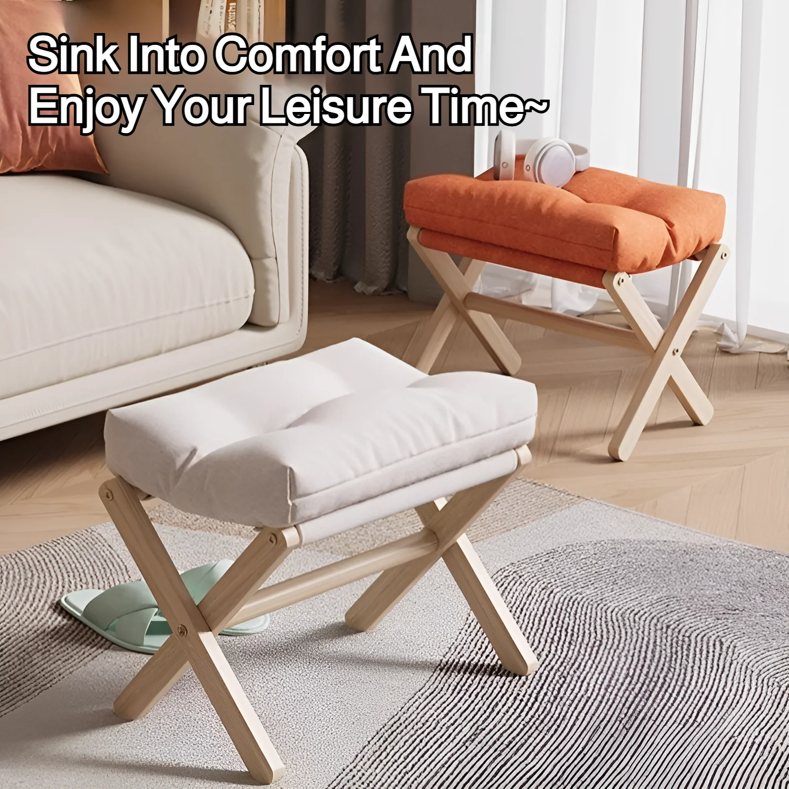 Solid Wood Shoe Changing Stool Footstool Sofa Rest Footstool, Folding Low Stool For The Entryway, Cotton-Filled Cushion Stool Solid Wood Shoe Changing Stool Footstool Sofa Rest Footstool, Folding Low Stool For The Entryway, Cotton-Filled Cushion Stool - Image 3