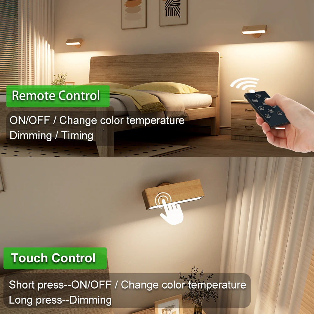 Led-Wandleuchten Mit Fernbedienung, 3 Farben, Massivholz-Wandleseleuchte, Typ C, Wiederaufladbare Nachttischlampe, Spiegellampe, 360 Drehbar Led-Wandleuchten Mit Fernbedienung, 3 Farben, Massivholz-Wandleseleuchte, Typ C, Wiederaufladbare Nachttischlampe, Spiegellampe, 360 Drehbar - Image 4