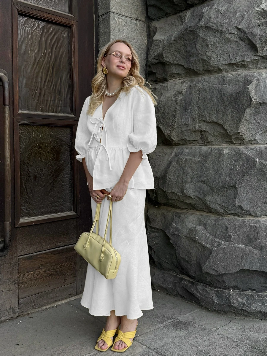 Bornladies 2025 Sommer-Damen-Set Aus 100 % Baumwolle, V-Ausschnitt, Schnürung, Blasenärmel, Hemd, Langer Rock, Lockerer, Lässiger Zweiteiliger Anzug Bornladies 2025 Sommer-Damen-Set Aus 100 % Baumwolle, V-Ausschnitt, Schnürung, Blasenärmel, Hemd, Langer Rock, Lockerer, Lässiger Zweiteiliger Anzug - Image 3