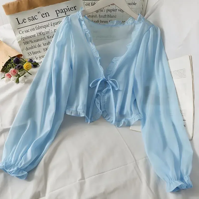 Frauen Sommer Sonnenschutz Mantel Spitze Bogen Rüschen Strickjacke Hemd Weibliche Bluse Tops Für Frau Abdeckungen Blusa Weiß Y2K Koreanische Hemd Frauen Sommer Sonnenschutz Mantel Spitze Bogen Rüschen Strickjacke Hemd Weibliche Bluse Tops Für Frau Abdeckungen Blusa Weiß Y2K Koreanische Hemd - Image 5