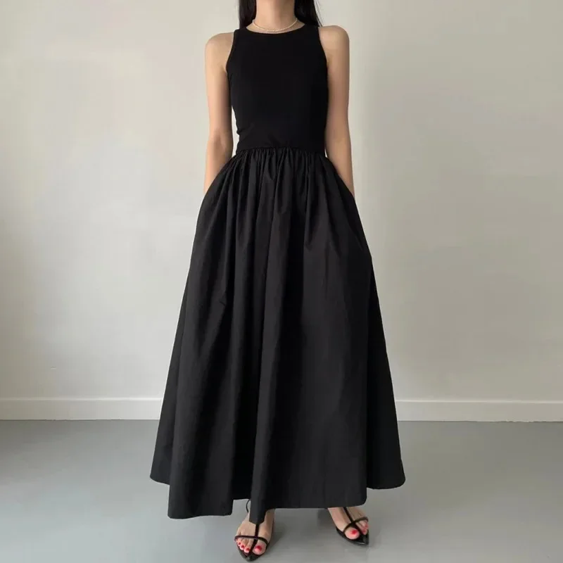 Neue Sommer Einfache Elegante Schwarze Lange Kleider Für Frauen Rundhals Ärmellose Hohe Taille Temperament Weibliche Mode Stil Kleid Neue Sommer Einfache Elegante Schwarze Lange Kleider Für Frauen Rundhals Ärmellose Hohe Taille Temperament Weibliche Mode Stil Kleid