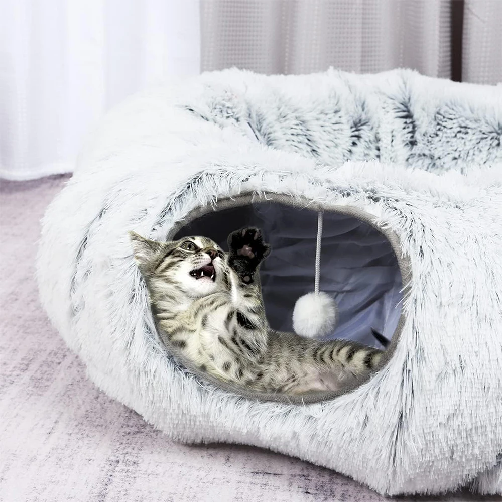 Winter Neuheit: Plüsch-Katzentunnel-Bett, Faltbares Zwei-In-Eins Rundes Warmes Haustiernest, Verdicktes Gemütliches Kuscheliges Katzenversteck Winter Neuheit: Plüsch-Katzentunnel-Bett, Faltbares Zwei-In-Eins Rundes Warmes Haustiernest, Verdicktes Gemütliches Kuscheliges Katzenversteck - Image 2