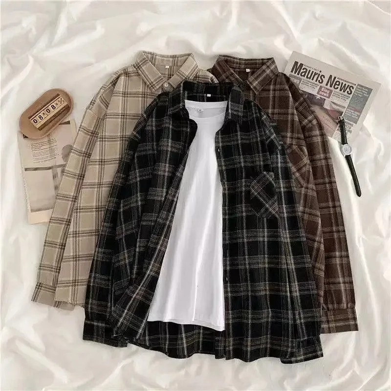 Vintage Plaid Shirts Frauen Herbst Langarm Oversize Button Up Hemd Koreanische Mode Casual Herbst Outwear Tops Blusas Mujer Vintage Plaid Shirts Frauen Herbst Langarm Oversize Button Up Hemd Koreanische Mode Casual Herbst Outwear Tops Blusas Mujer - Image 2