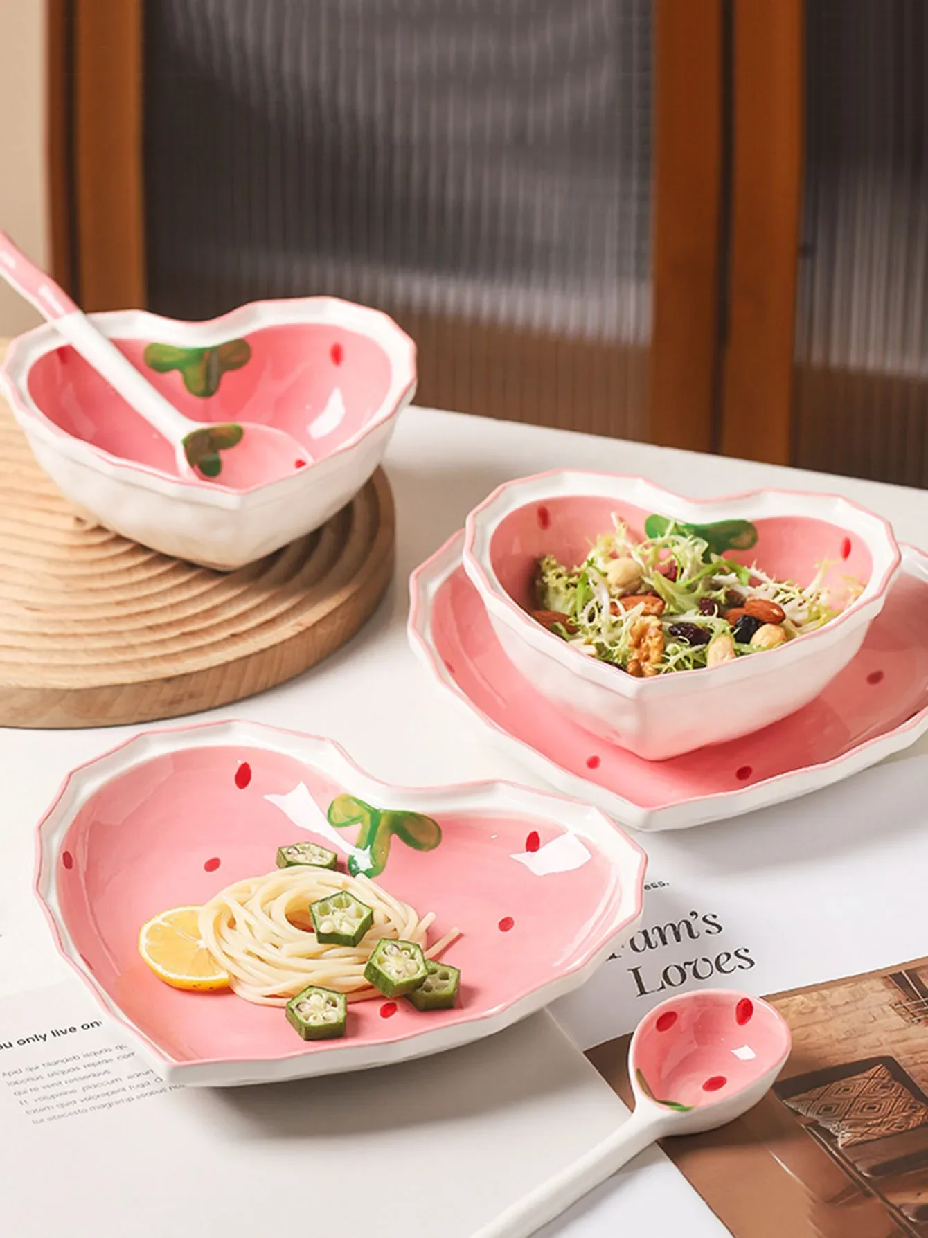 3 Stücke Erdbeere Schüssel Löffel Teller Set Schöne Mädchen Herz Schüssel Salat Schüssel Dessert Haushalts Geschirr Schüssel Set