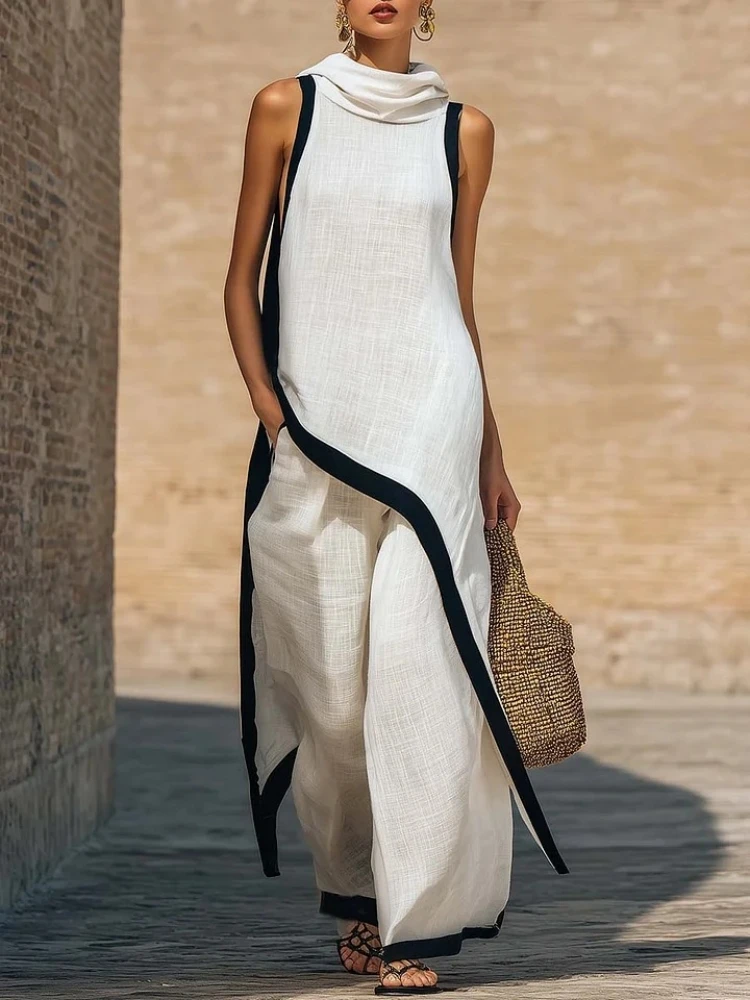 Damen Zweiteiler Mit Asymmetrischem Top Und Weiter Hose – Ärmelloses Sommer-Set Mit Kontrastdetails Damen Mode Zweiteiler