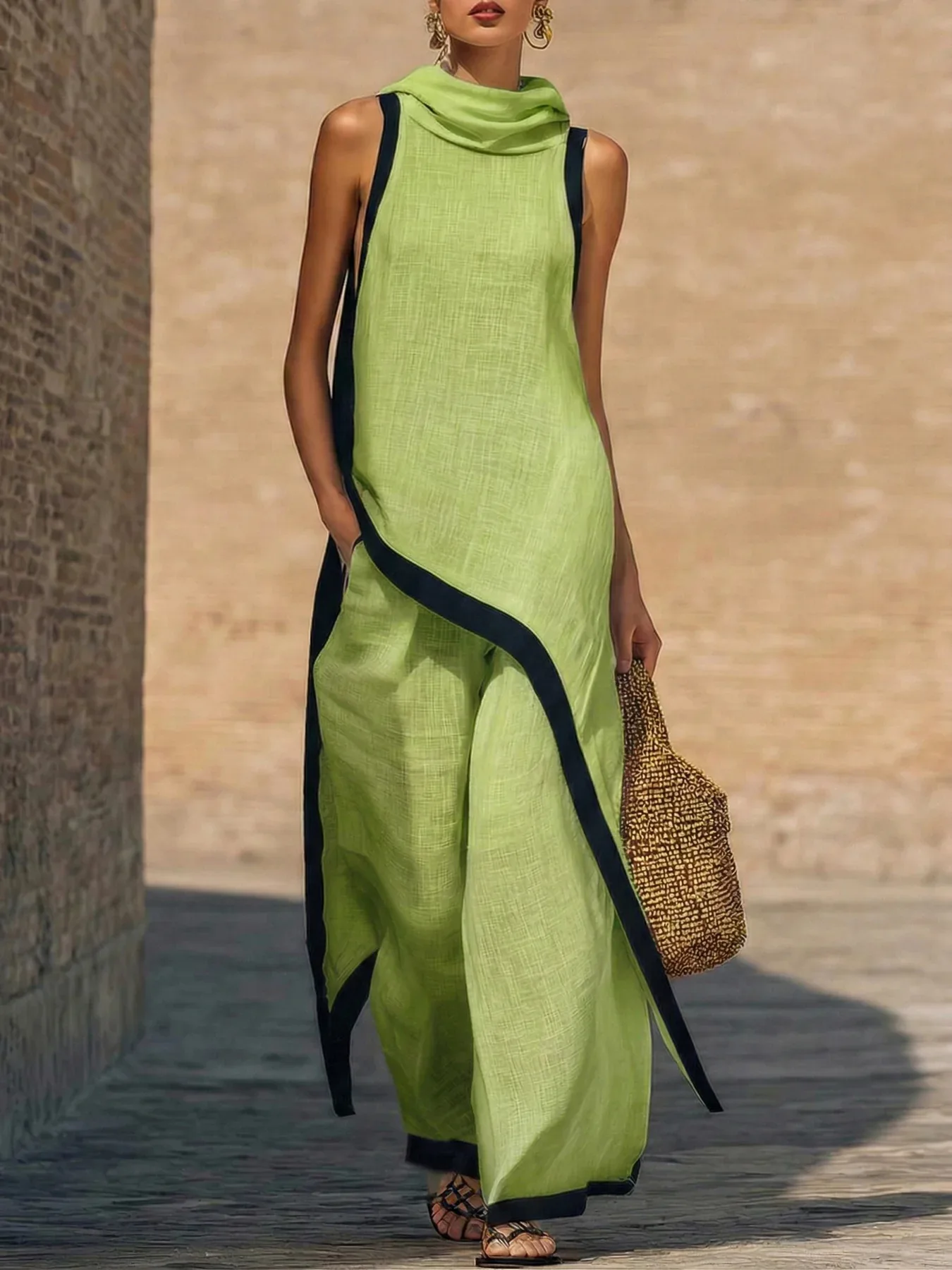 Damen Zweiteiler Mit Asymmetrischem Top Und Weiter Hose – Ärmelloses Sommer-Set Mit Kontrastdetails Damen Zweiteiler Mit Asymmetrischem Top Und Weiter Hose – Ärmelloses Sommer-Set Mit Kontrastdetails - Image 7