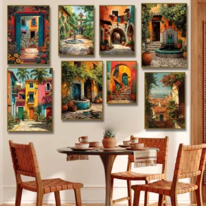 Mexikanischer Innenhof, bunte lateinamerikanische Häuser, Architektur, Kaktus, Poster, Leinwandgemälde, Druck für Wohnzimmer, Heimdekoration, Cuadros