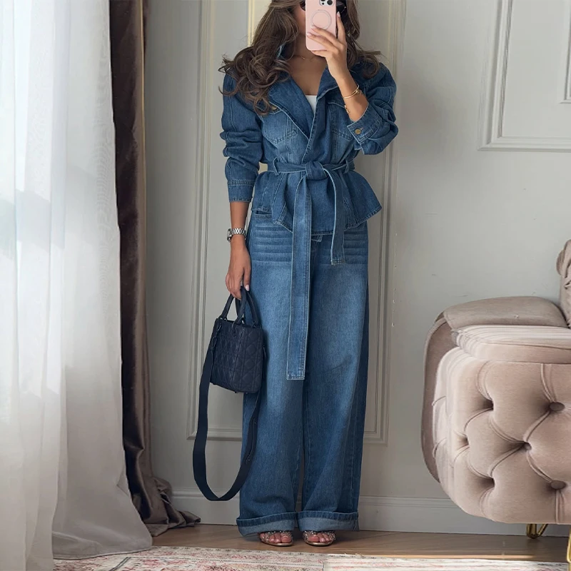 Damen Jeansanzug Mit Gürtel – Jeansjacke Mit Revers Und Weite Hose, Lässiges Herbst-Set 2026 Damen Jeansanzug Mit Gürtel – Jeansjacke Mit Revers Und Weite Hose, Lässiges Herbst-Set 2026 - Image 2