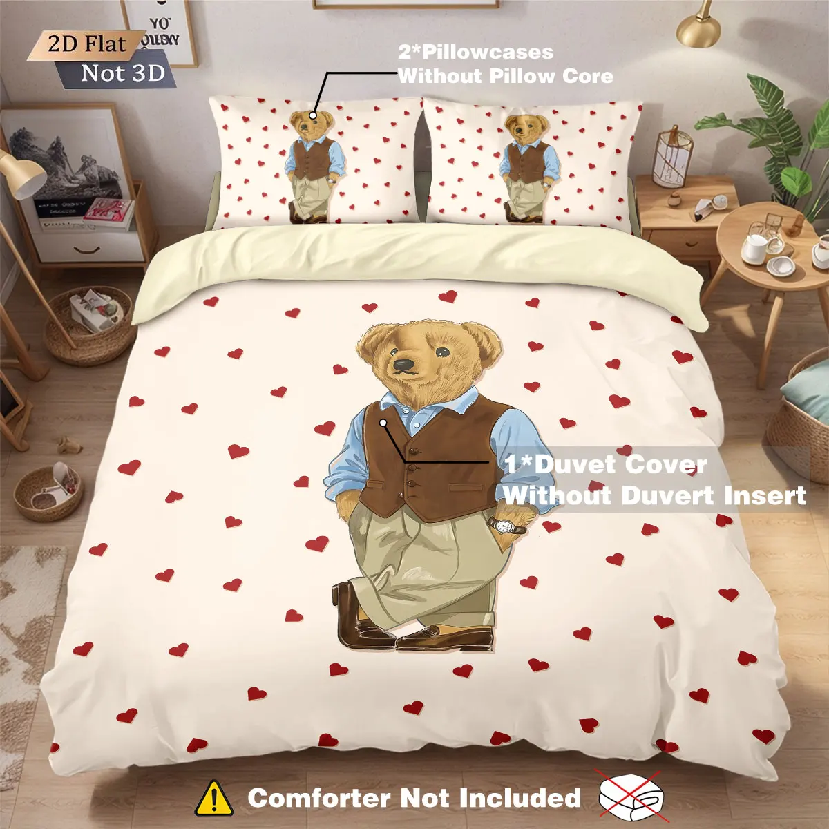 3Pcs Cute Doll Bear Printed Core Free Down Duvet Cover Set, Multi Size Bedding Decoration Bedrooms Dormitories Machine Washable 3Pcs Cute Doll Bear Printed Core Free Down Duvet Cover Set, Multi Size Bedding Decoration Bedrooms Dormitories Machine Washable - Image 4