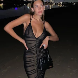 2025 Sexy Mesh Plissee Lange Ballkleider Für Damen Kleidung Einfarbig Strand Party Tragen Midi Wrap Kleid Straße Outfit