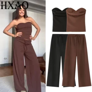 HXAO Damen Elegantes 2-teiliges Hosen-Set 2025 Frühling Sommer Korsett Tops Baggy Hosen Mode Lässig Sexy Y2k Hosen-Set Outfit
