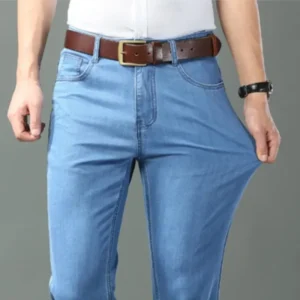 Neue Eis Seide Dünne Denim Jeans Für Männer Blau Gerade Stretch Baumwolle Hosen Business Casual Leichte Hosen Frühling Sommer