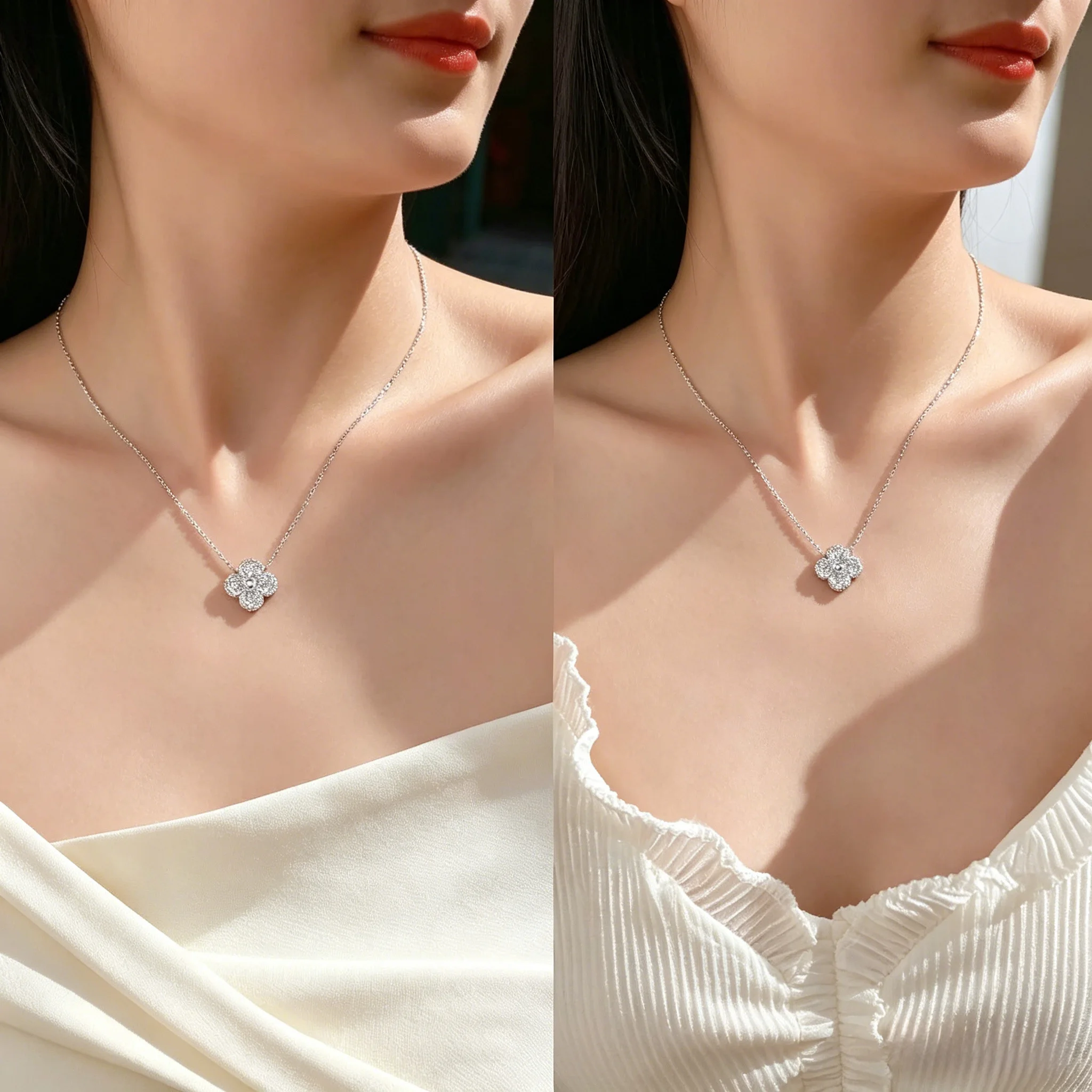 0,5 Karat Moissanit Vierblättriges Kleeblatt Halskette 925 Sterling Silber Vollbesetzter Anhänger Damenschmuck 0,5 Karat Moissanit Vierblättriges Kleeblatt Halskette 925 Sterling Silber Vollbesetzter Anhänger Damenschmuck - Image 6