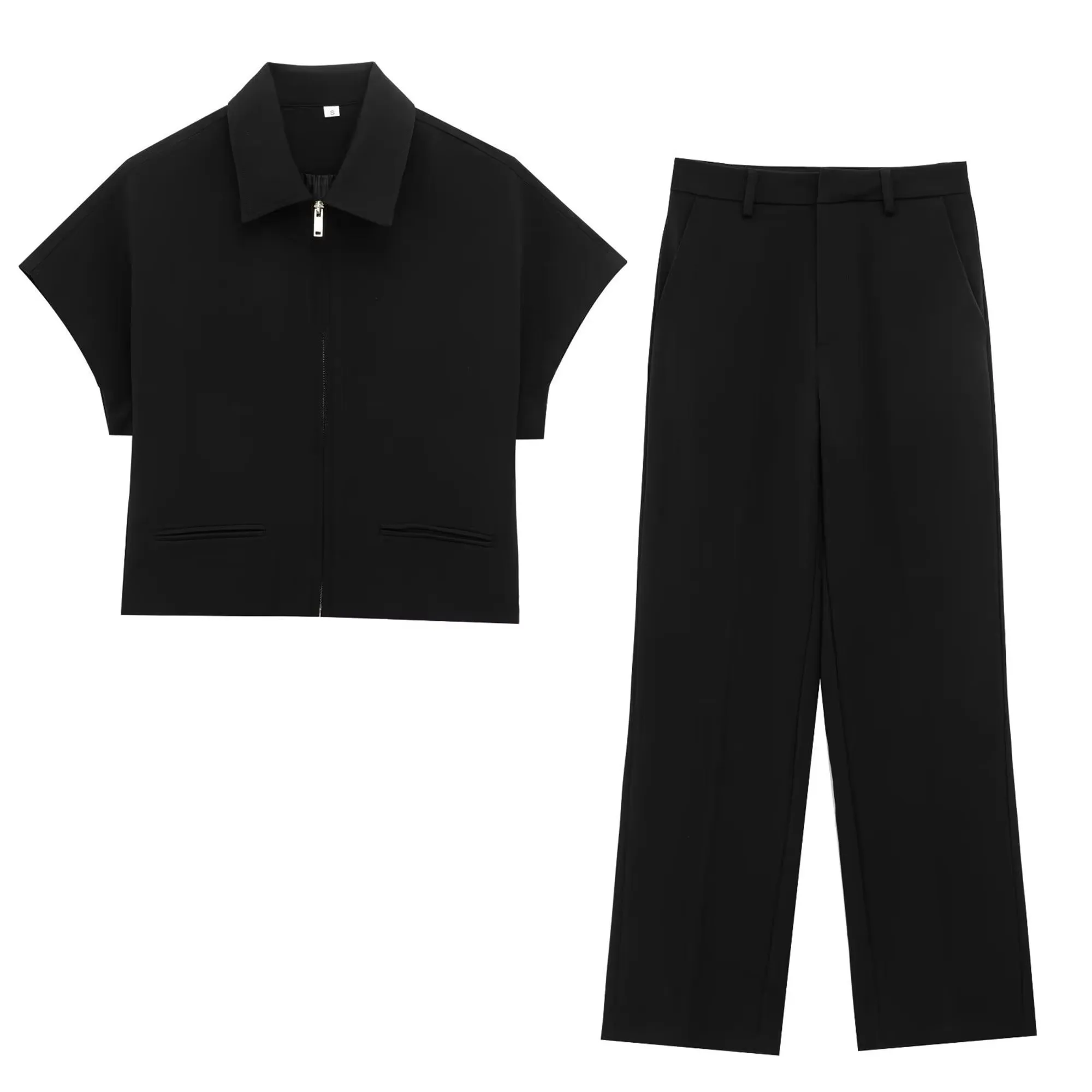 Tfmln Mode-Set Für Frauen, Sommer, 2022, Neues Schlankes Revers, Reißverschluss, Kurze Ärmel, Mantel, Oberteil, Weites Bein, Hose, Zweiteiliges Set, Freizeit, Schwarz Tfmln Mode-Set Für Frauen, Sommer, 2022, Neues Schlankes Revers, Reißverschluss, Kurze Ärmel, Mantel, Oberteil, Weites Bein, Hose, Zweiteiliges Set, Freizeit, Schwarz - Image 3