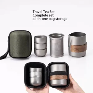 Tragbares Reise-Teeset aus Titan-beschichtetem Edelstahl, inklusive Teekanne und doppelwandigen Teetassen, leichtes Outdoor-Camping-Set