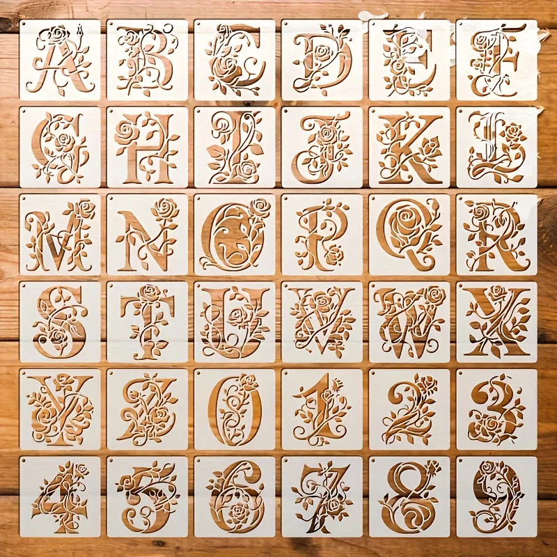 36 Stück Florale Alphabet-Schablonen, Wiederverwendbar, Rosen-Buchstaben-Malvorlagen, Hohle Graffiti-Vorlage, Sprühform Für Wandaufkleber 36 Stück Florale Alphabet-Schablonen, Wiederverwendbar, Rosen-Buchstaben-Malvorlagen, Hohle Graffiti-Vorlage, Sprühform Für Wandaufkleber - Image 5