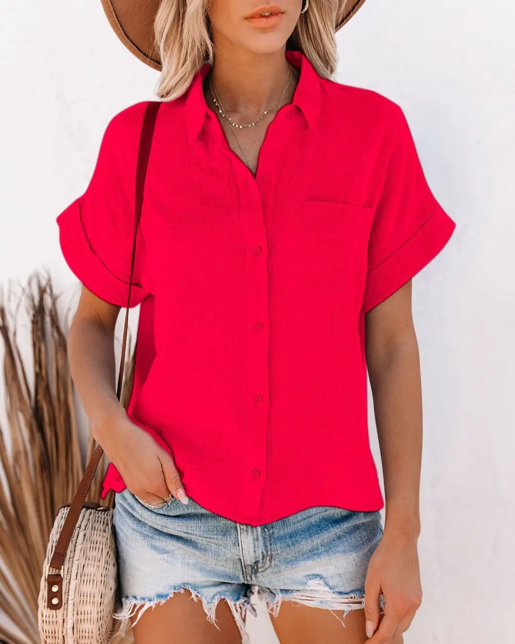Elegantes Sommer-Oberteil Für Damen Aus Baumwolle Und Leinen, Kurzärmelig, Revers, Knopfleiste, Einfarbiges Hemd Mit Einer Tasche, Lässig Elegantes Sommer-Oberteil Für Damen Aus Baumwolle Und Leinen, Kurzärmelig, Revers, Knopfleiste, Einfarbiges Hemd Mit Einer Tasche, Lässig - Image 11