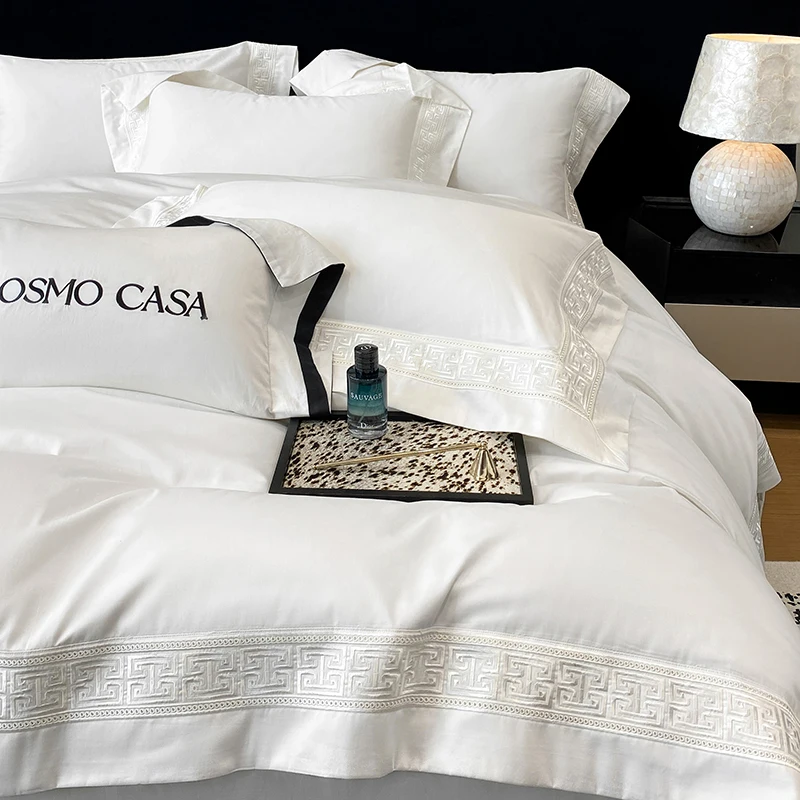 600Tc Egyptian Cotton White Luxury Embroidery Hotel Style Bedding Set Duvet Cover Set Flat/Fitted Bed Sheet Pillowcases 4Pcs 600Tc Egyptian Cotton White Luxury Embroidery Hotel Style Bedding Set Duvet Cover Set Flat/Fitted Bed Sheet Pillowcases 4Pcs - Image 4