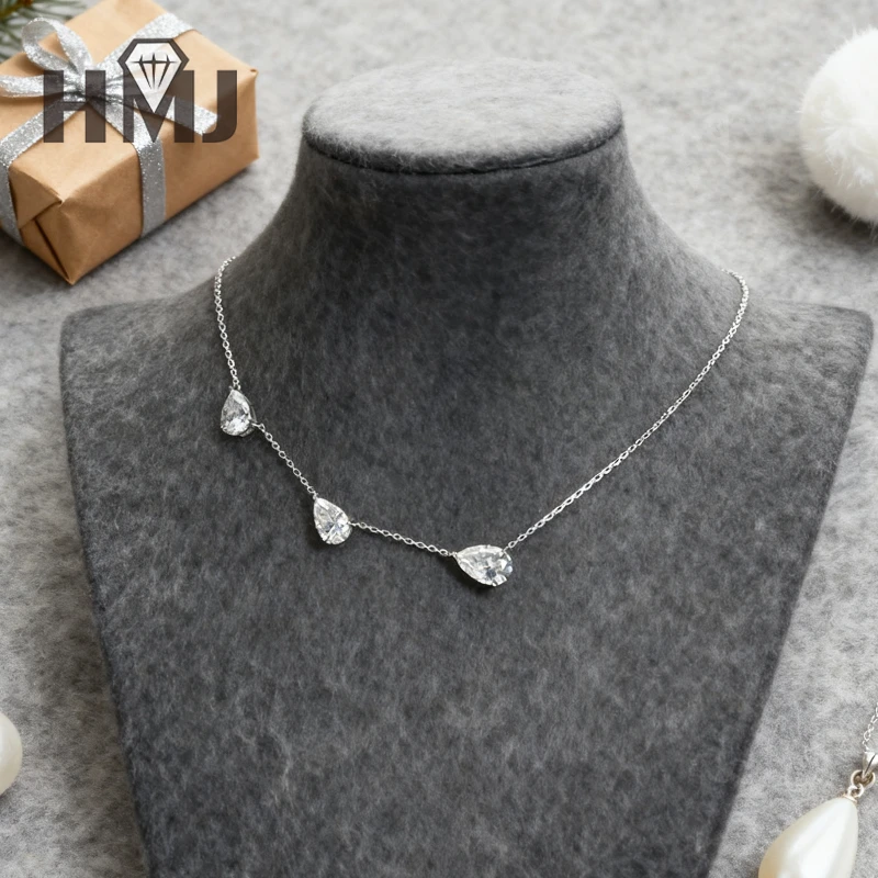 Einfache Halsketten, Drei Birnenform, Moissanit-Diamant, 925Er Sterlingsilber, Stapelbare Gliederkette, Weihnachtsgeschenke, Hypoallergen Einfache Halsketten, Drei Birnenform, Moissanit-Diamant, 925Er Sterlingsilber, Stapelbare Gliederkette, Weihnachtsgeschenke, Hypoallergen