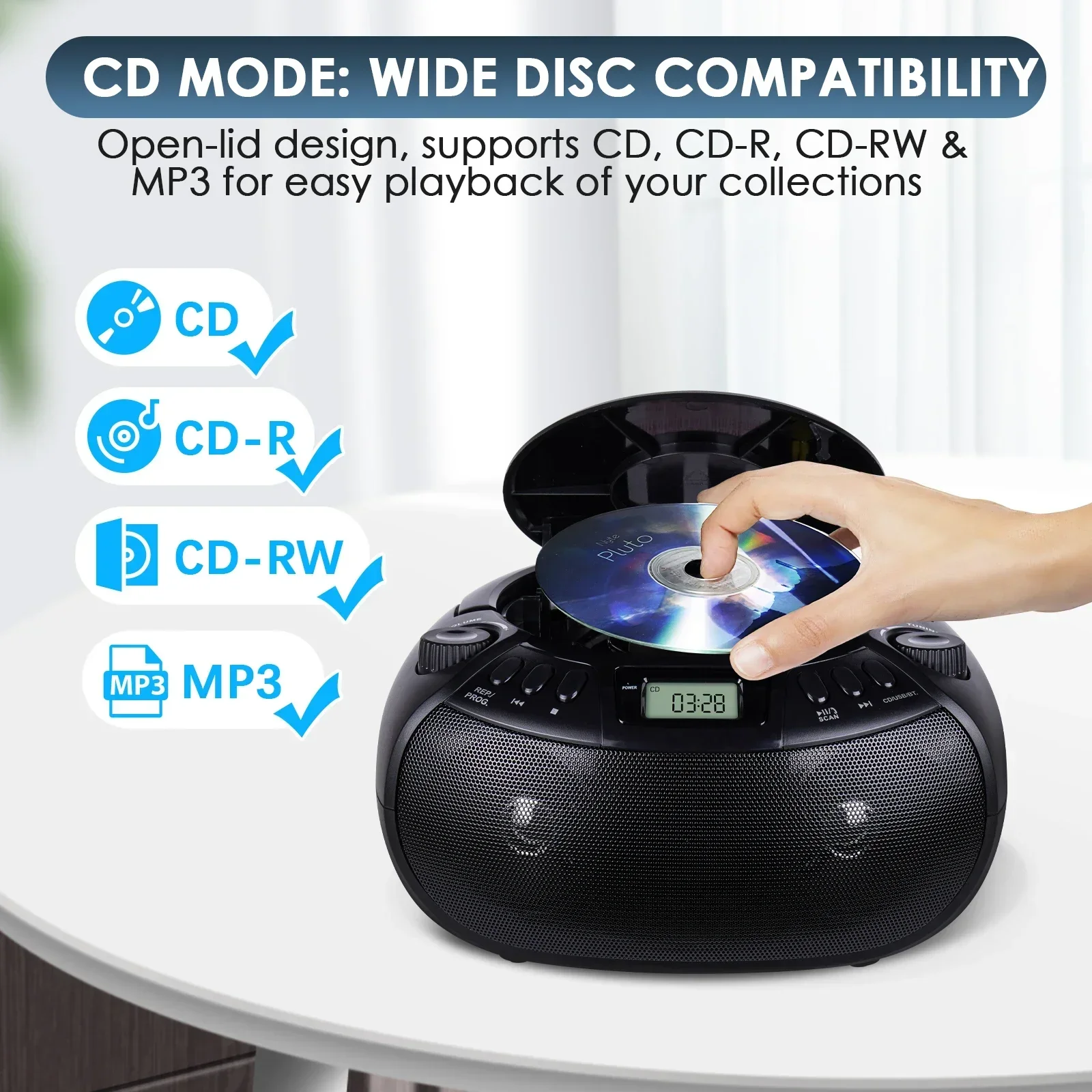 Tragbarer Cd-Player Mit Am/Fm-Radio, Bluetooth, Usb &Amp; Aux – Cd-Boombox Mit Stereolautsprechern Für Cd-R, Cd-Rw &Amp; Mp3 Tragbarer Cd-Player Mit Am/Fm-Radio, Bluetooth, Usb &Amp; Aux – Cd-Boombox Mit Stereolautsprechern Für Cd-R, Cd-Rw &Amp; Mp3 - Image 2