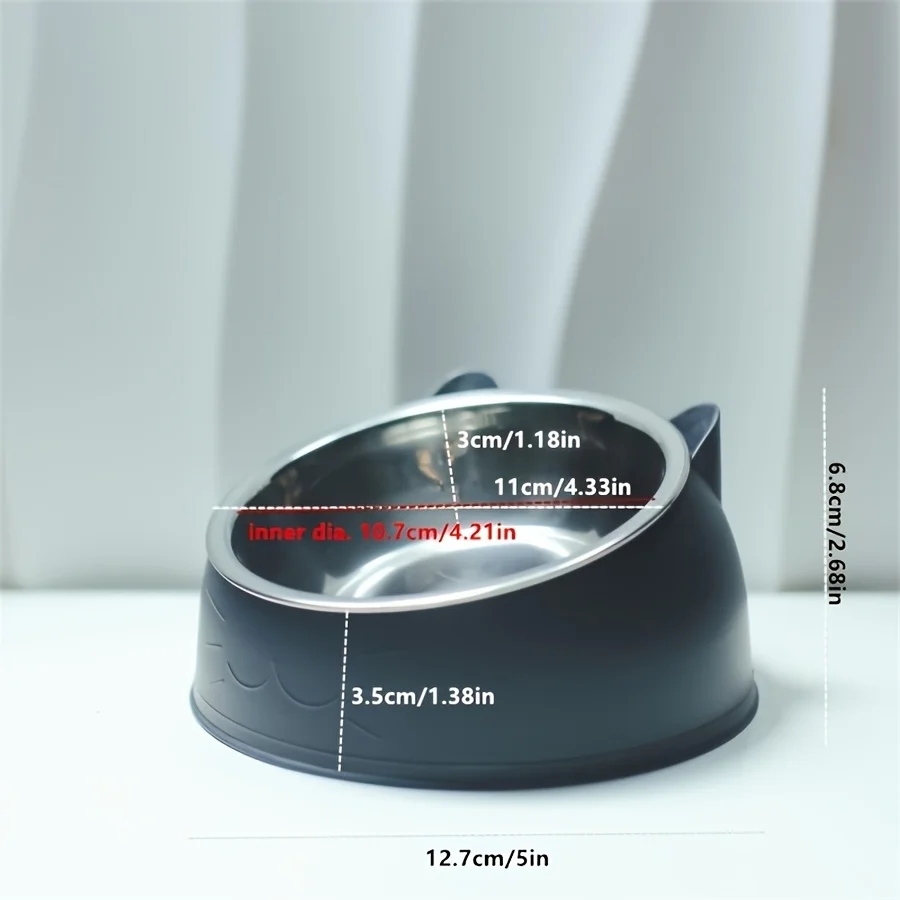 1Pc Elevated Stainless Steel Cat Bowl, Inclined Food &Amp; Water Dish With Cute Ear Stand, Neck Protection Design For Cats 1Pc Elevated Stainless Steel Cat Bowl, Inclined Food &Amp; Water Dish With Cute Ear Stand, Neck Protection Design For Cats - Image 2