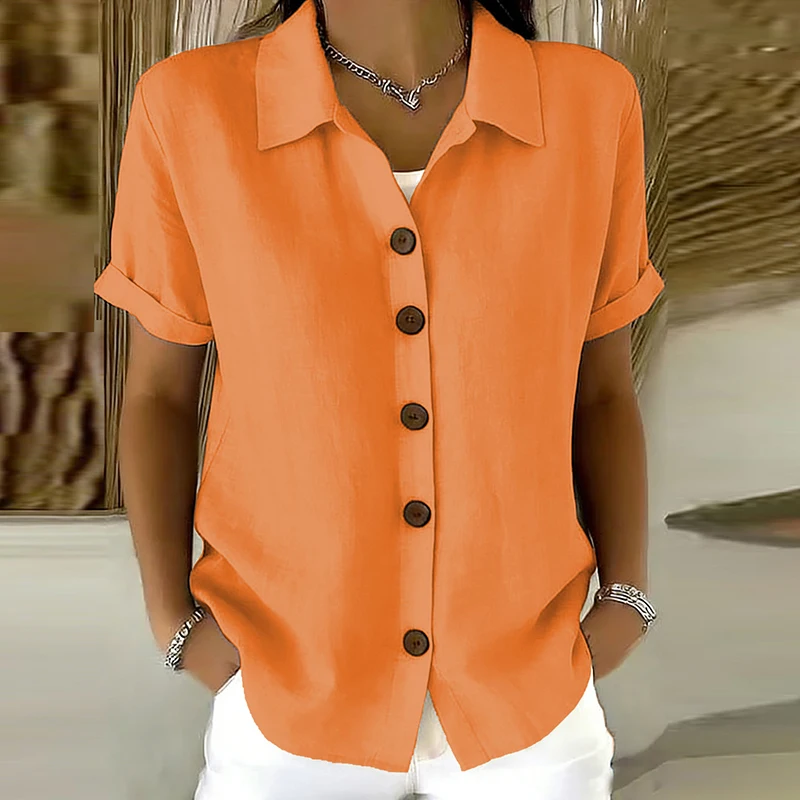 Elegante Damen-Sommerblusen Aus Baumwolle Und Leinen, Kurzarm, Reverskragen, Knopfleiste, Einfarbig, Lockeres Hemd, Lässige Damenbluse, Cardigan-Oberteile Elegante Damen-Sommerblusen Aus Baumwolle Und Leinen, Kurzarm, Reverskragen, Knopfleiste, Einfarbig, Lockeres Hemd, Lässige Damenbluse, Cardigan-Oberteile - Image 11
