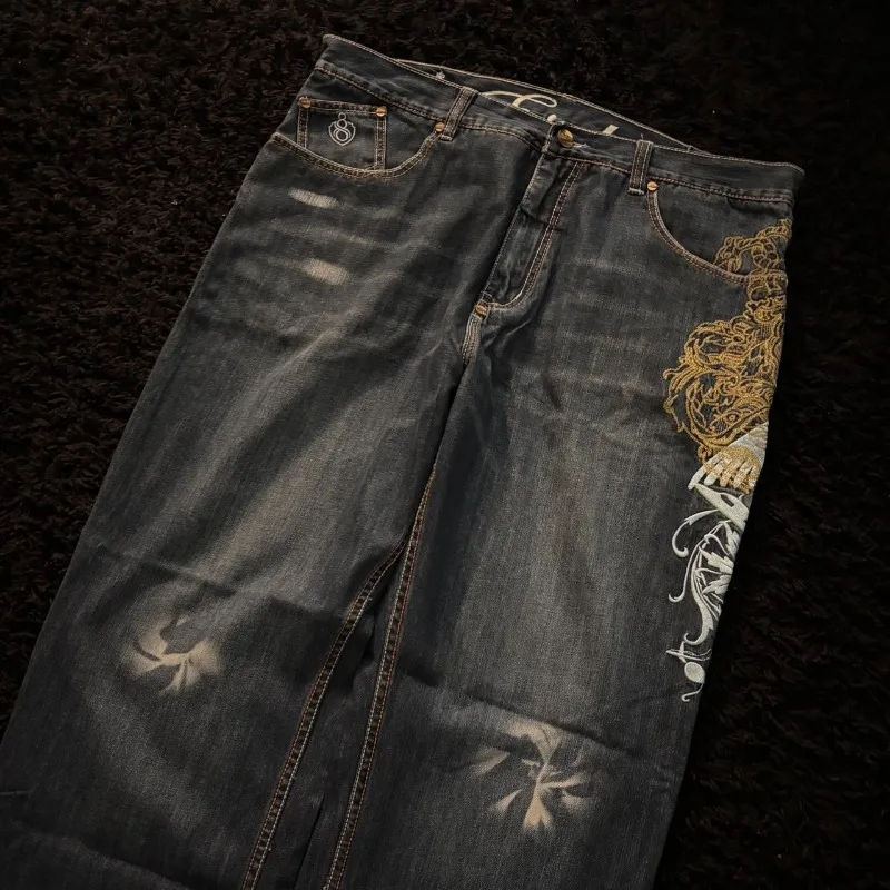 American New Fashion Oversize Pattern Embroidered Baggy Jeans Men Y2K Gothic Harajuku Hip Hop Straight High Waist Wide Leg Pants American New Fashion Oversize Pattern Embroidered Baggy Jeans Men Y2K Gothic Harajuku Hip Hop Straight High Waist Wide Leg Pants - Image 3