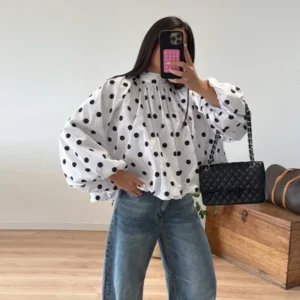 Elegantes Vintage Polka Dot Schnürhemd für Damen mit langen Laternenärmeln, rückenfreie, lockere Bluse, Top 2026, Damen Alltags-Freizeithemden