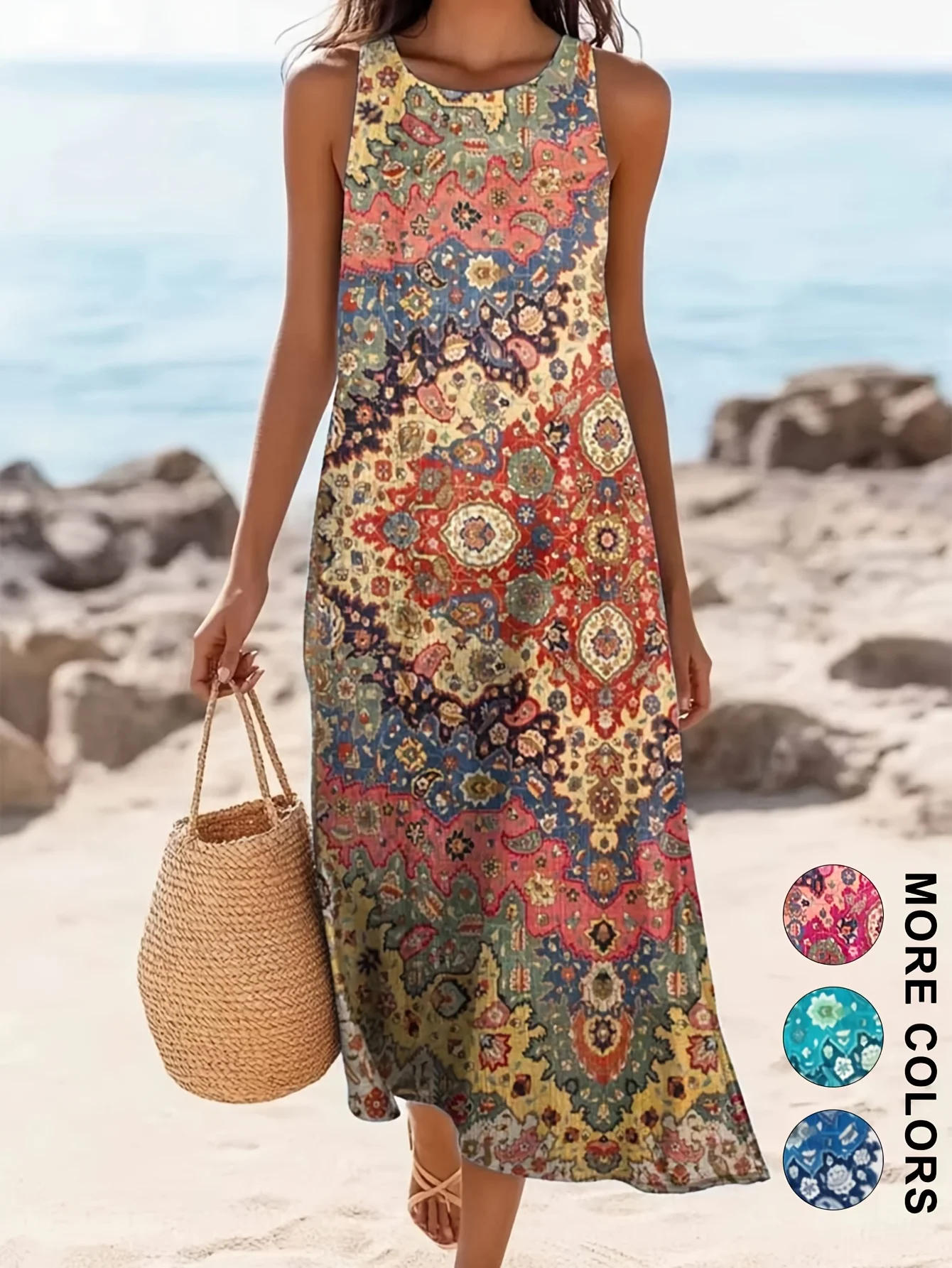 2026 Damen Ärmelloses Bohemian Blumen Freizeit Strand Midi Sommerkleid Mit Taschen, Fließend Und Locker, Sweetheart-Ausschnitt, Rustikal, Ländlich 2026 Damen Ärmelloses Bohemian Blumen Freizeit Strand Midi Sommerkleid Mit Taschen, Fließend Und Locker, Sweetheart-Ausschnitt, Rustikal, Ländlich