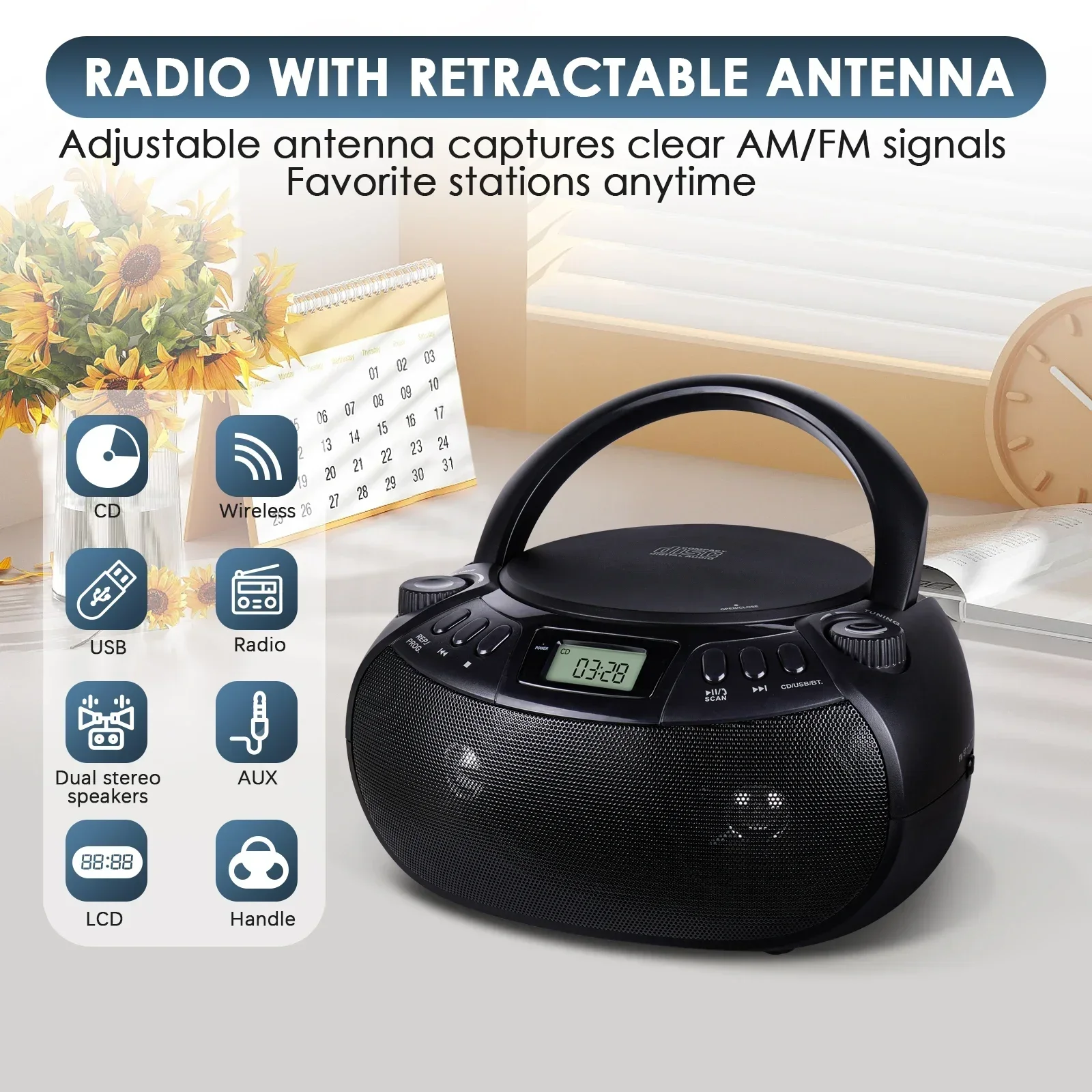 Tragbarer Cd-Player Mit Am/Fm-Radio, Bluetooth, Usb &Amp; Aux – Cd-Boombox Mit Stereolautsprechern Für Cd-R, Cd-Rw &Amp; Mp3 Tragbarer Cd-Player Mit Am/Fm-Radio, Bluetooth, Usb &Amp; Aux – Cd-Boombox Mit Stereolautsprechern Für Cd-R, Cd-Rw &Amp; Mp3 - Image 3