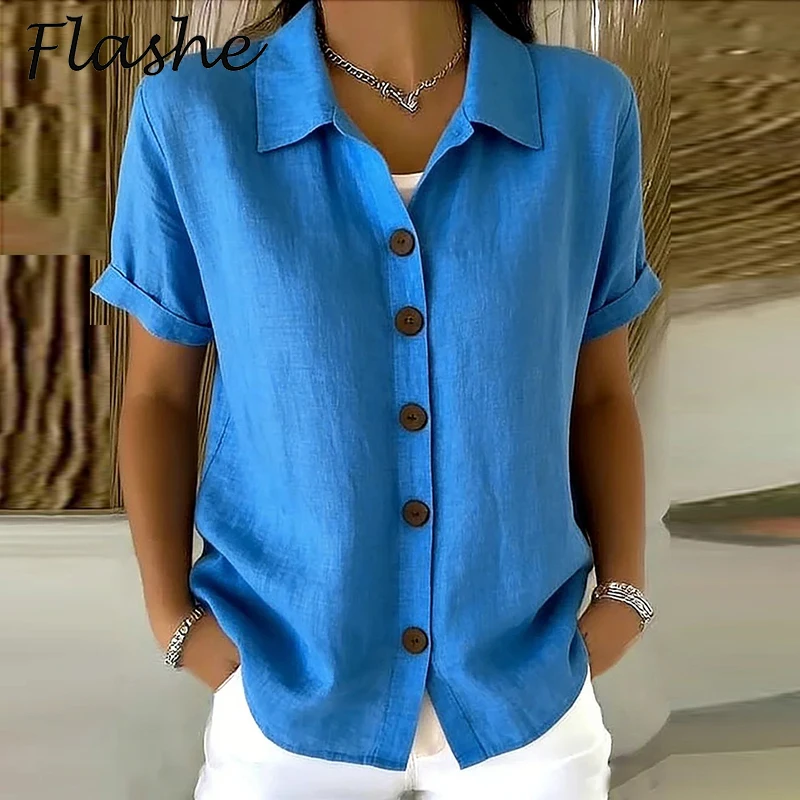 Elegante Damen-Sommerblusen Aus Baumwolle Und Leinen, Kurzarm, Reverskragen, Knopfleiste, Einfarbig, Lockeres Hemd, Lässige Damenbluse, Cardigan-Oberteile Elegante Damen-Sommerblusen Aus Baumwolle Und Leinen, Kurzarm, Reverskragen, Knopfleiste, Einfarbig, Lockeres Hemd, Lässige Damenbluse, Cardigan-Oberteile